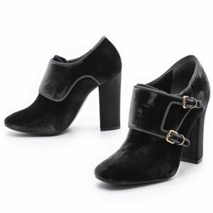 Tory Burch Carley Velvet Booties Gray Grigio Block Heel Buckle Shoes 6.5M